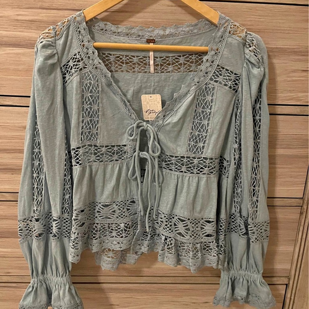 Free People Lace Trim Blouse in Soft Blue